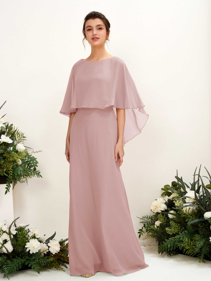 Carlyna Savin Sheath Dusty Rose Bridesmaid Dress Maxi Cap Sleeve Boat Neck Dress 