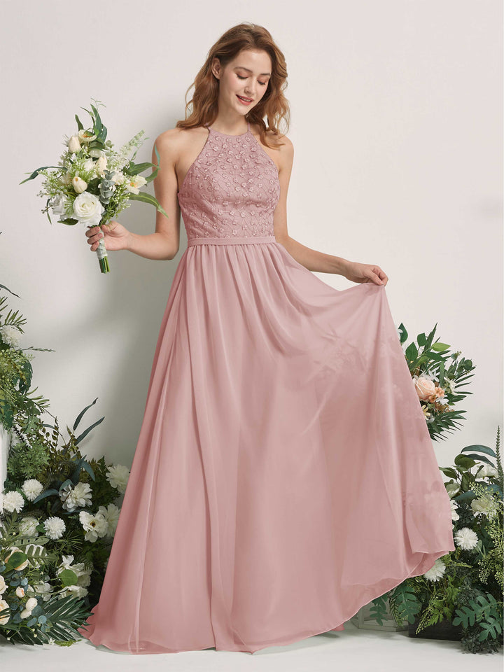 Carlyna Denise A-Line Dusty Rose Embroidered Bridesmaid Dress Maxi Sleeveless Round Neck Dress 