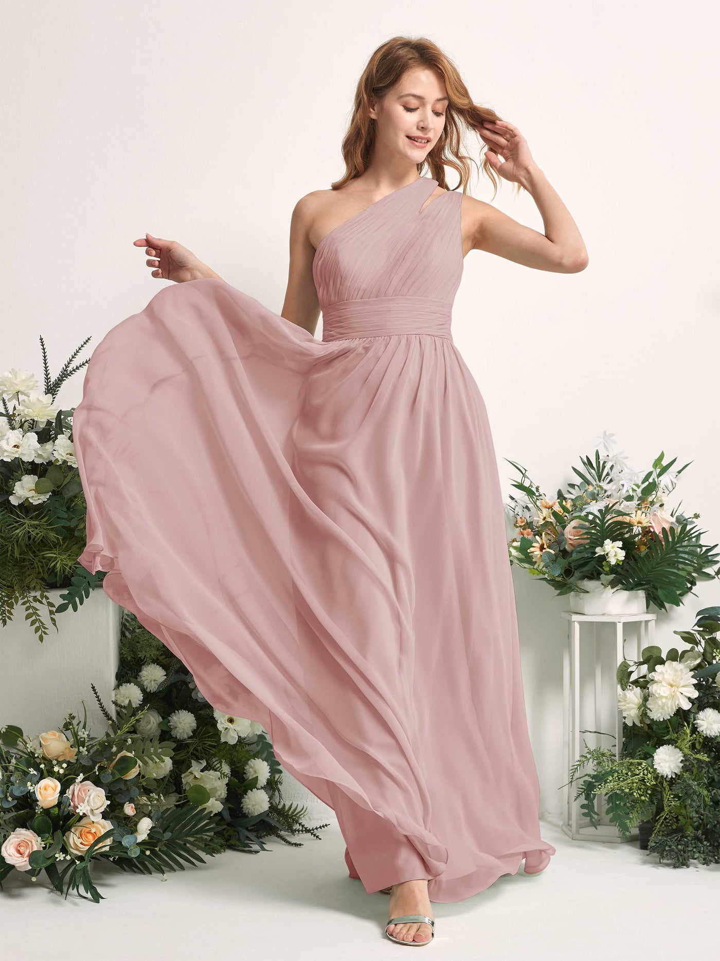 Carlyna Evelyn A-Line Dusty Rose Bridesmaid Dress Maxi Sleeveless One Shoulder Dress #color_dusty-rose