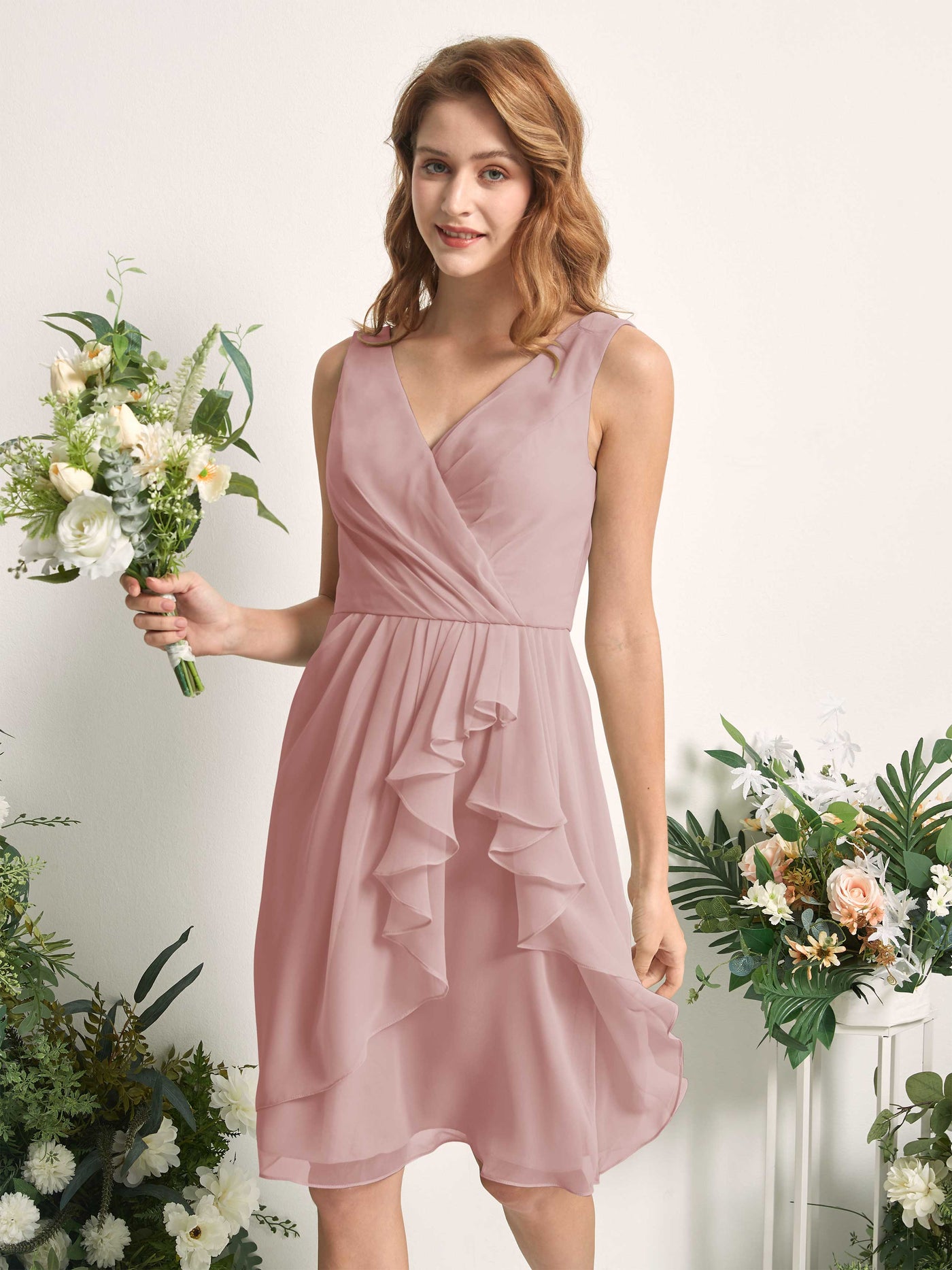 Bridesmaid Dress A-line Chiffon Straps Knee Length Sleeveless Wedding Party Dress - Dusty Rose (81226609)#color_dusty-rose