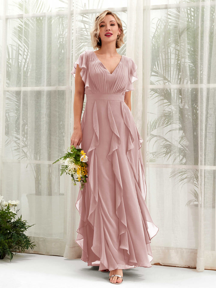 A-line V-neck Short Sleeves Chiffon Bridesmaid Dress - Dusty Rose (81226009)