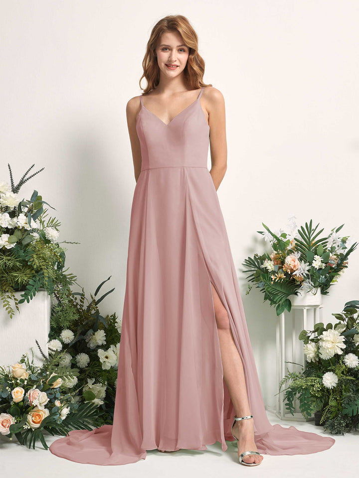 Bridesmaid Dress A-line Chiffon Spaghetti-straps Full Length Sleeveless Wedding Party Dress - Dusty Rose (81227709)