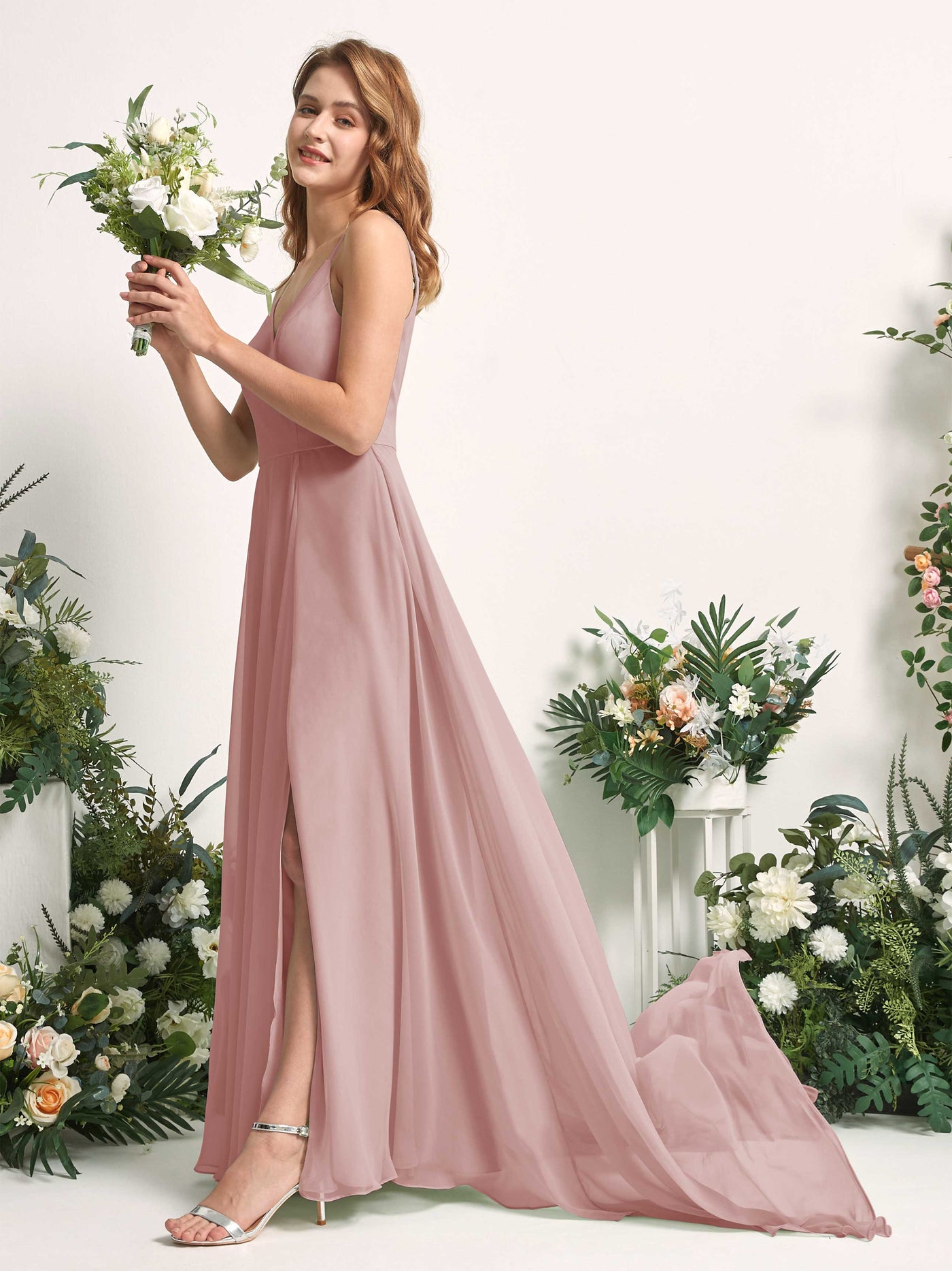 Bridesmaid Dress A-line Chiffon Spaghetti-straps Full Length Sleeveless Wedding Party Dress - Dusty Rose (81227709)#color_dusty-rose