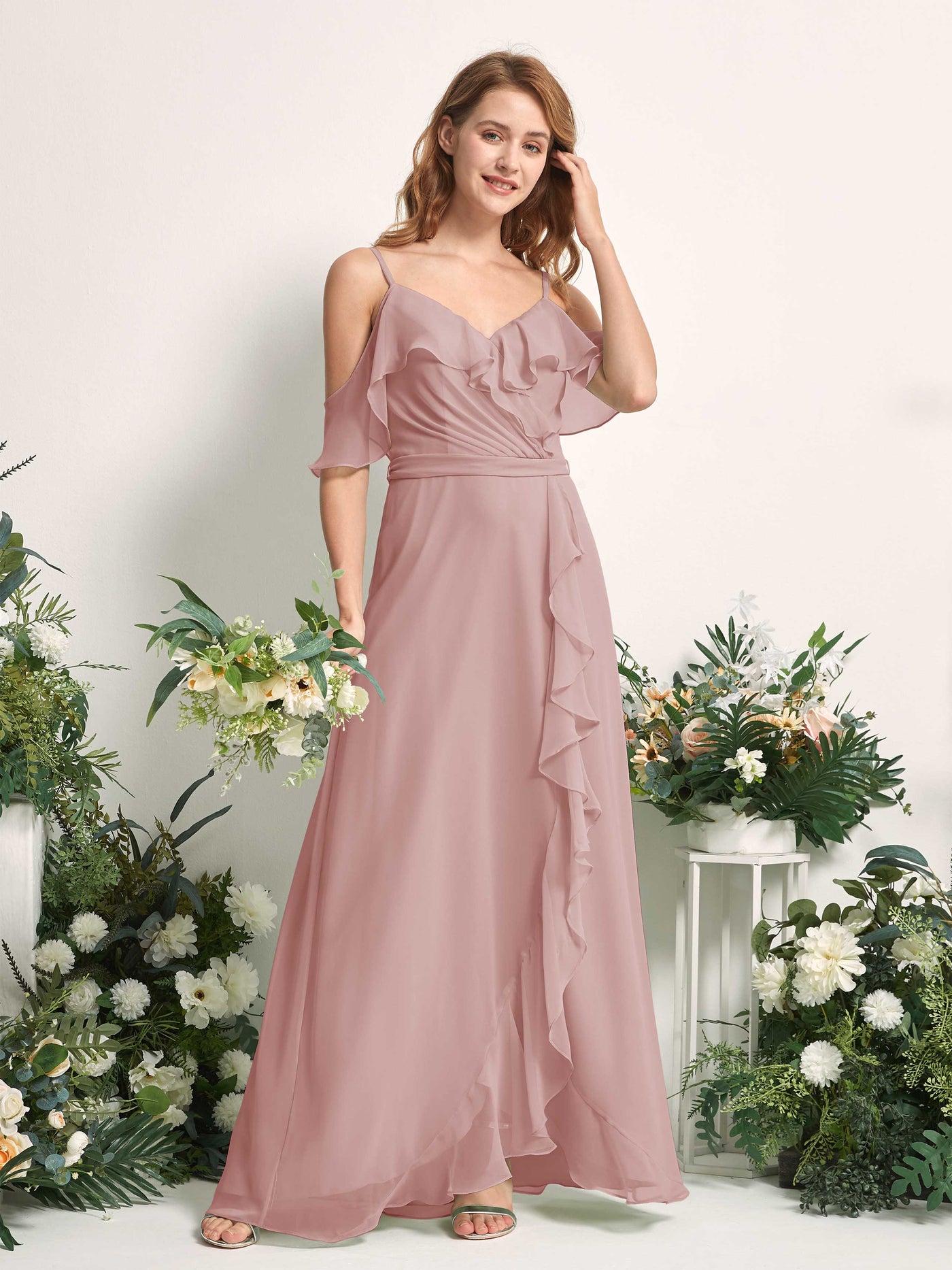 Bridesmaid Dress A-line Chiffon Spaghetti-straps Full Length Sleeveless Wedding Party Dress - Dusty Rose (81227409)#color_dusty-rose