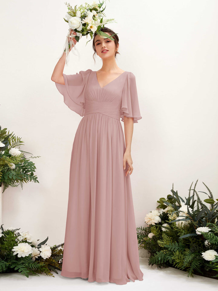 A-line V-neck 1/2 Sleeves Chiffon Bridesmaid Dress - Dusty Rose (81221609)