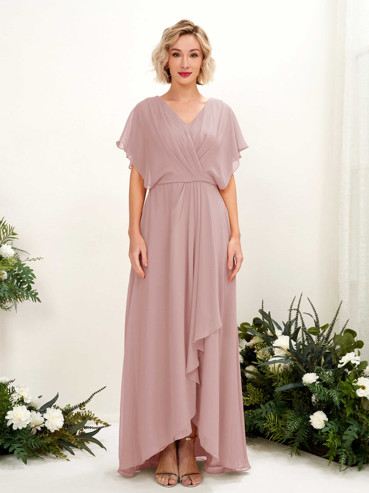 A-line V-neck Short Sleeves Chiffon Bridesmaid Dress - Dusty Rose (81222109)