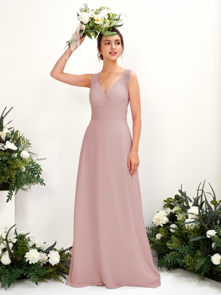 A-line V-neck Sleeveless Chiffon Bridesmaid Dress - Dusty Rose (81220909)