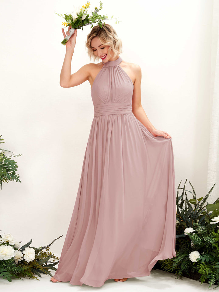 Ball Gown Halter Sleeveless Chiffon Bridesmaid Dress - Dusty Rose (81225309)