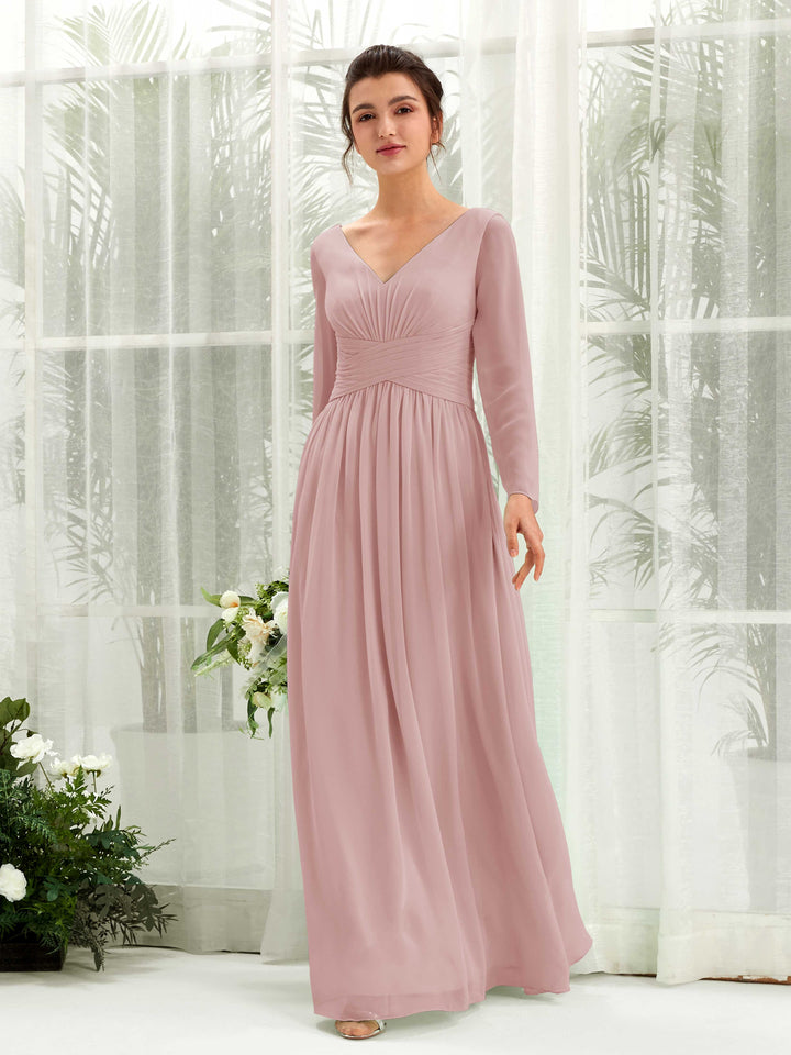 Ball Gown V-neck Long Sleeves Chiffon Bridesmaid Dress - Dusty Rose (81220309)