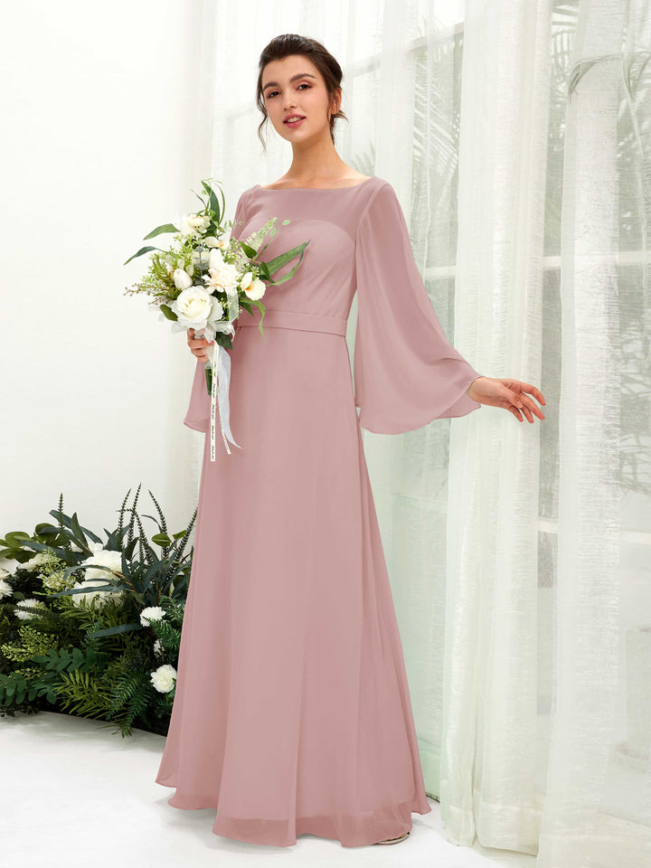 Bateau Illusion Long Sleeves Chiffon Bridesmaid Dress - Dusty Rose (81220509)