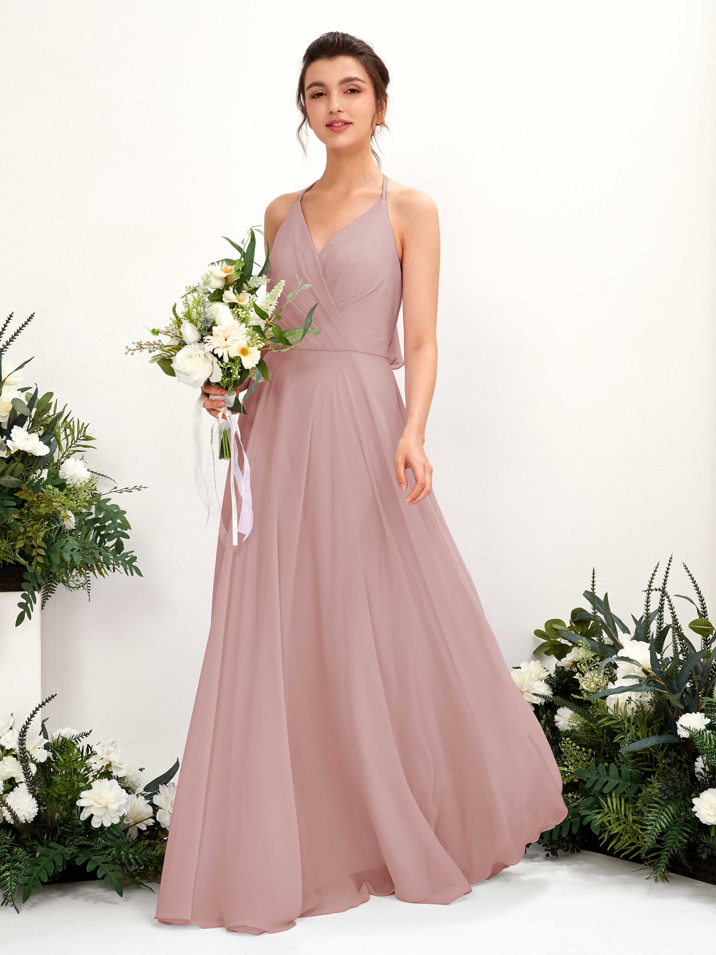 Halter V-neck Sleeveless Chiffon Bridesmaid Dress - Dusty Rose (81221009)#color_dusty-rose