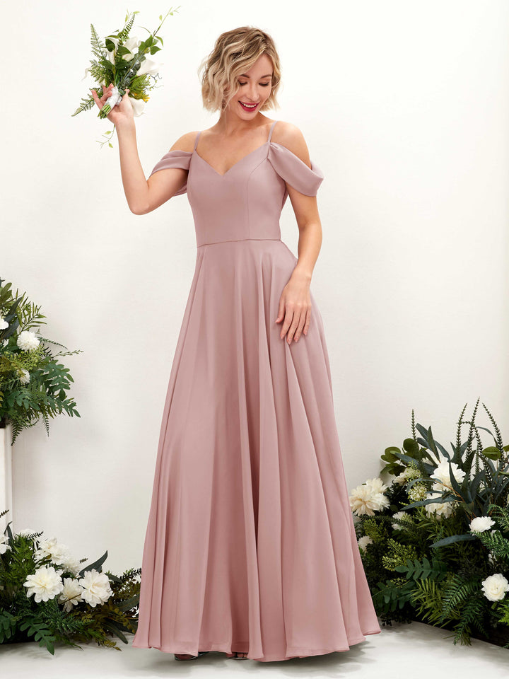 Off Shoulder Straps V-neck Sleeveless Chiffon Bridesmaid Dress - Dusty Rose (81224909)