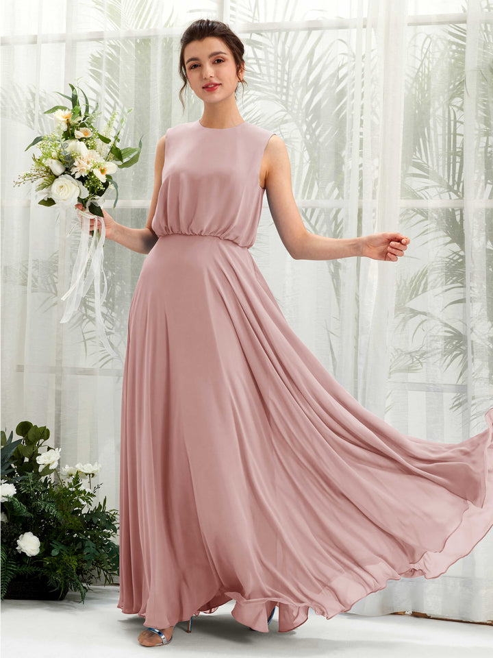 Round Sleeveless Chiffon Bridesmaid Dress - Dusty Rose (81222809)