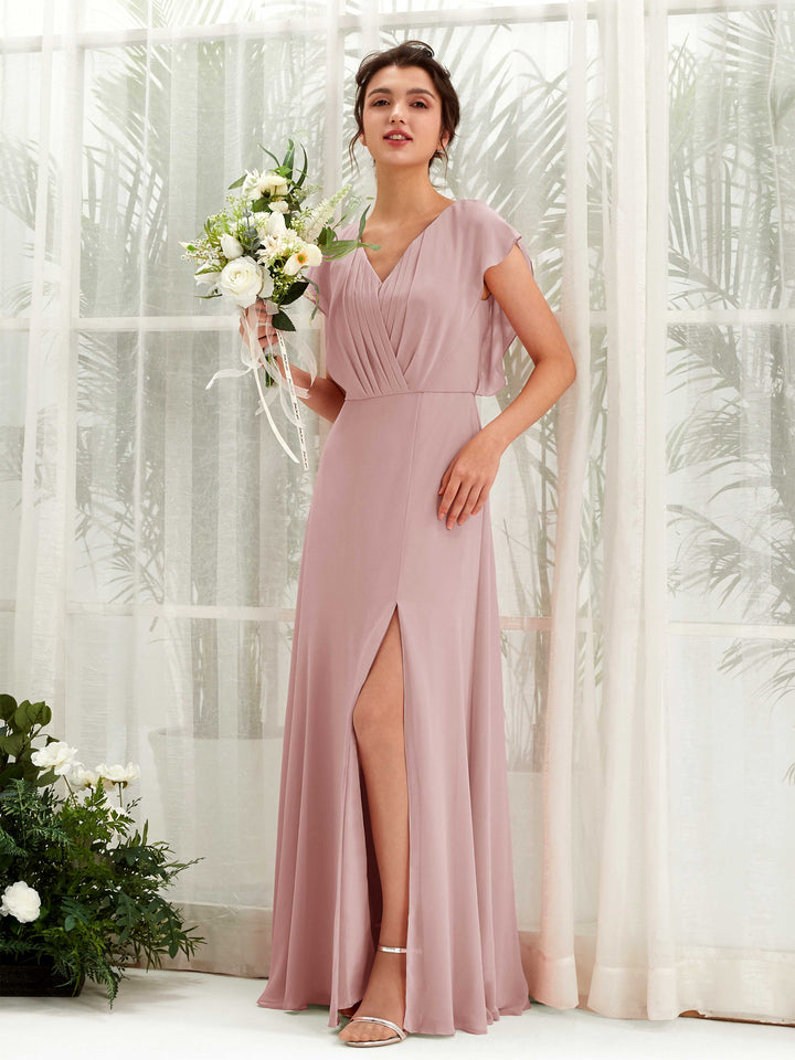 V-neck Cap Sleeves Bridesmaid Dress - Dusty Rose (81225609)