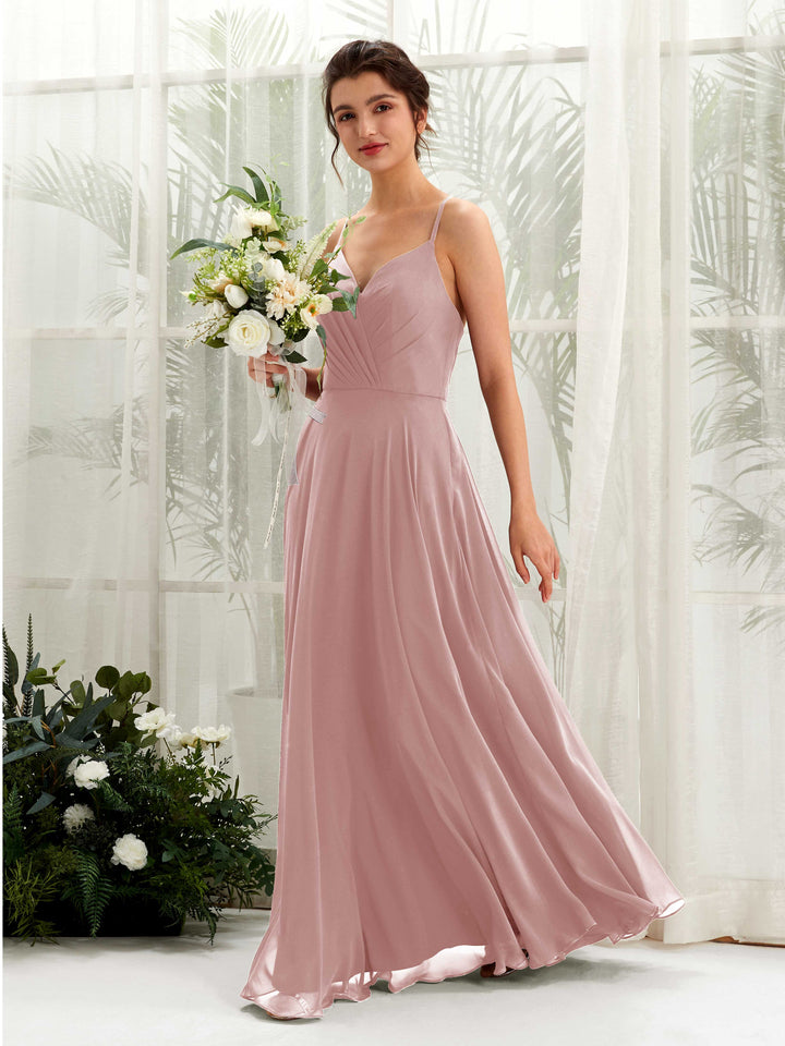 Spaghetti-straps V-neck Sleeveless Bridesmaid Dress - Dusty Rose (81224209)