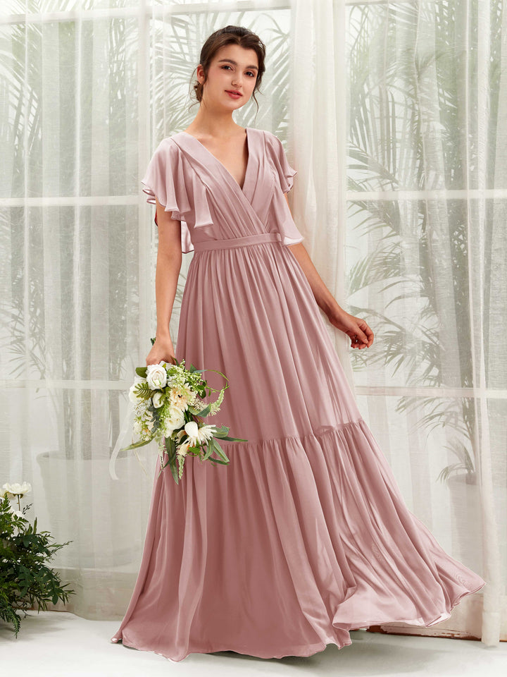 Carlyna Chaya A-Line Dusty Rose Bridesmaid Dress Maxi Cap Sleeve V-Neck Dress 