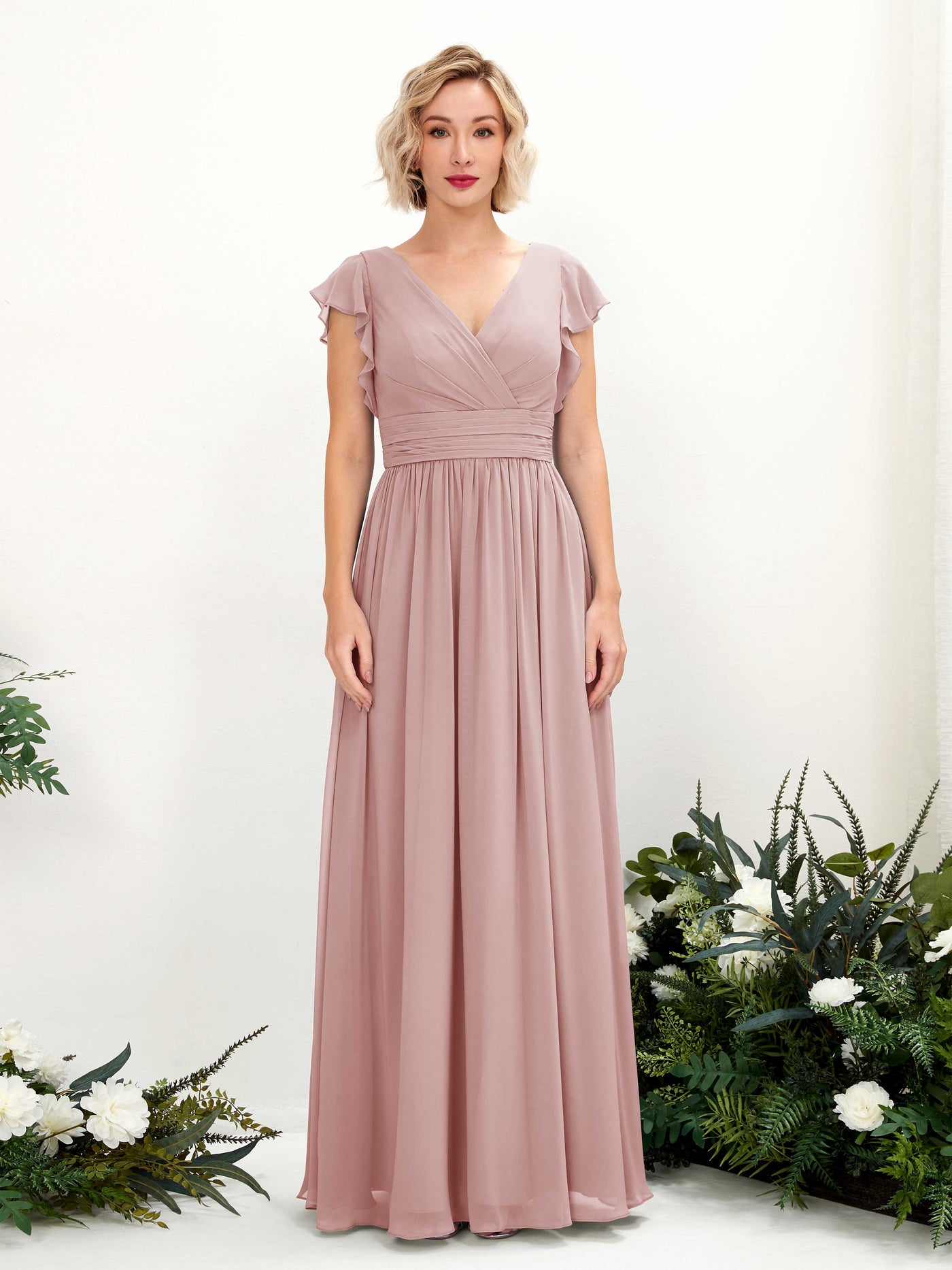 Carlyna Grino A-Line Dusty Rose Bridesmaid Dress Maxi Cap Sleeve V-Neck Dress #color_dusty-rose