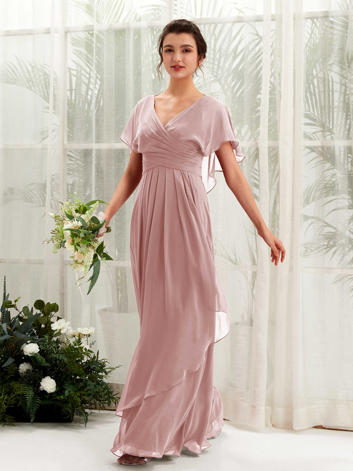 V-neck Short Sleeves Chiffon Bridesmaid Dress - Dusty Rose (81226109)