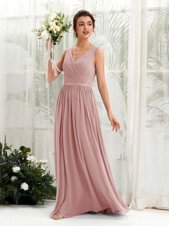 Carlyna Barbara A-Line Dusty Rose Bridesmaid Dress Maxi Sleeveless V-Neck Dress 