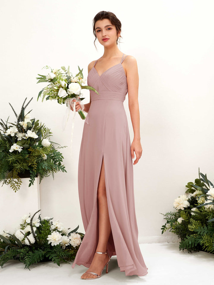 Straps V-neck Sleeveless Chiffon Bridesmaid Dress - Dusty Rose (81225409)