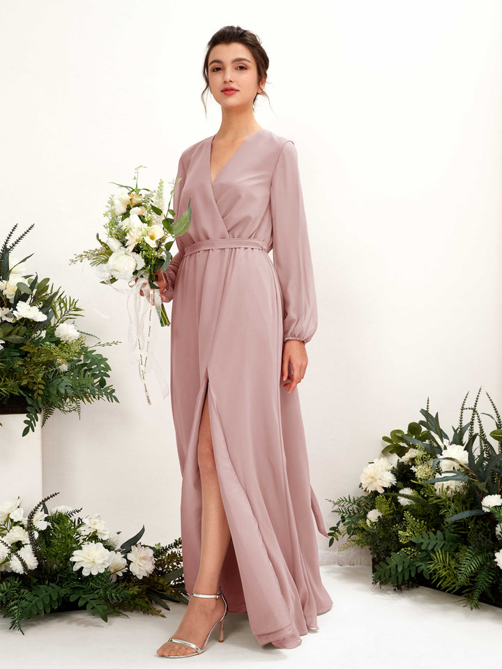 V-neck Long Sleeves Chiffon Bridesmaid Dress - Dusty Rose (81223209)