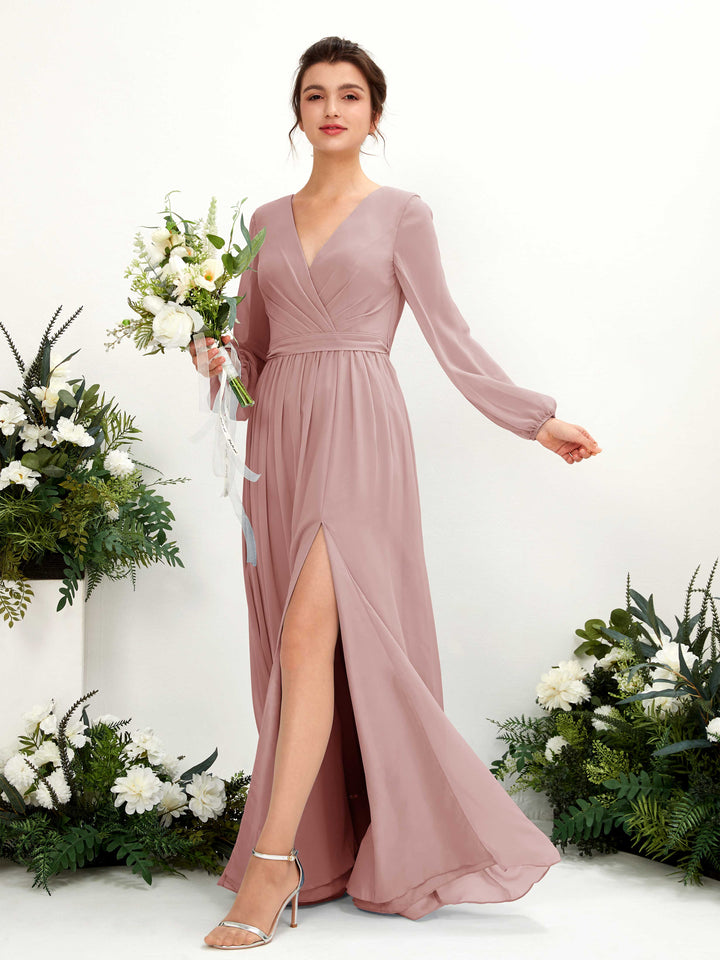 V-neck Long Sleeves Chiffon Bridesmaid Dress - Dusty Rose (81223809)