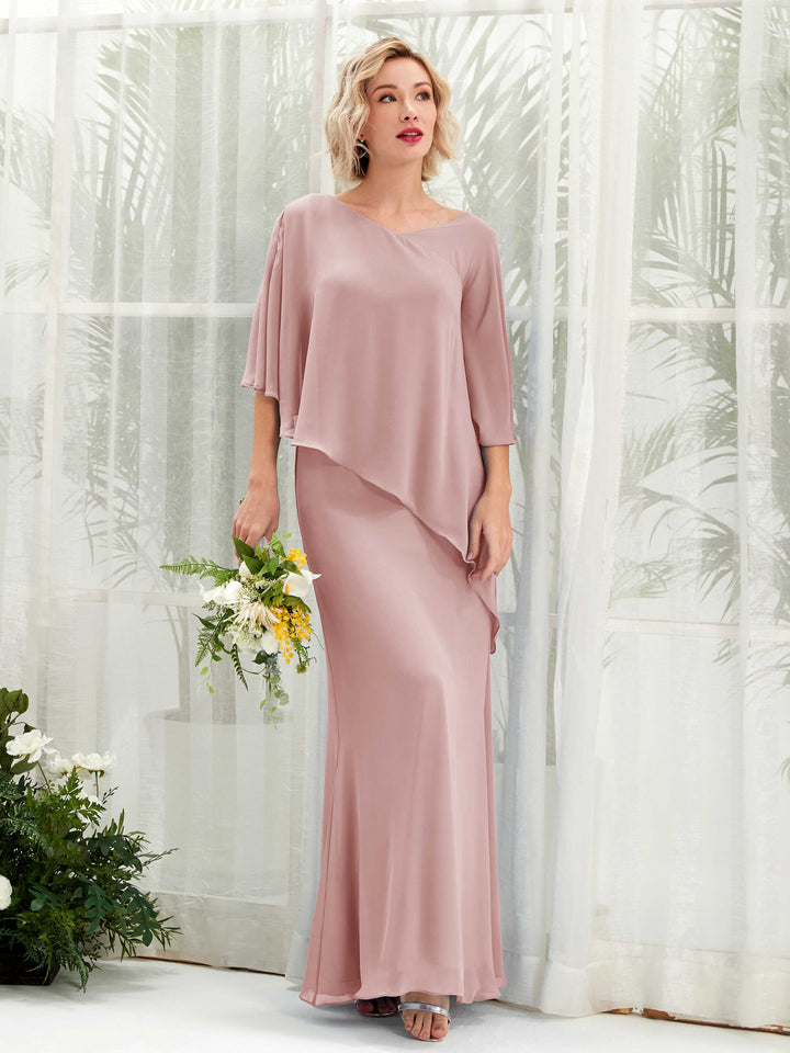 V-neck 3/4 Sleeves Chiffon Bridesmaid Dress - Dusty Rose (81222509)