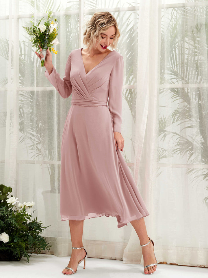 V-neck Long Sleeves Chiffon Bridesmaid Dress - Dusty Rose (81223309)