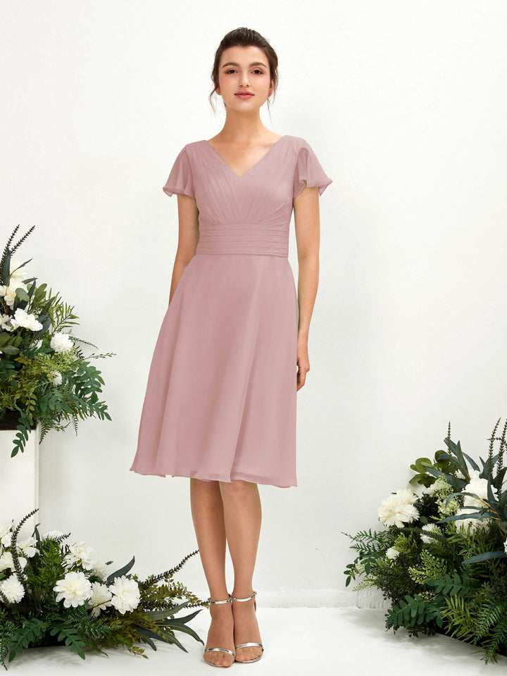 V-neck Short Sleeves Chiffon Bridesmaid Dress - Dusty Rose (81220209)