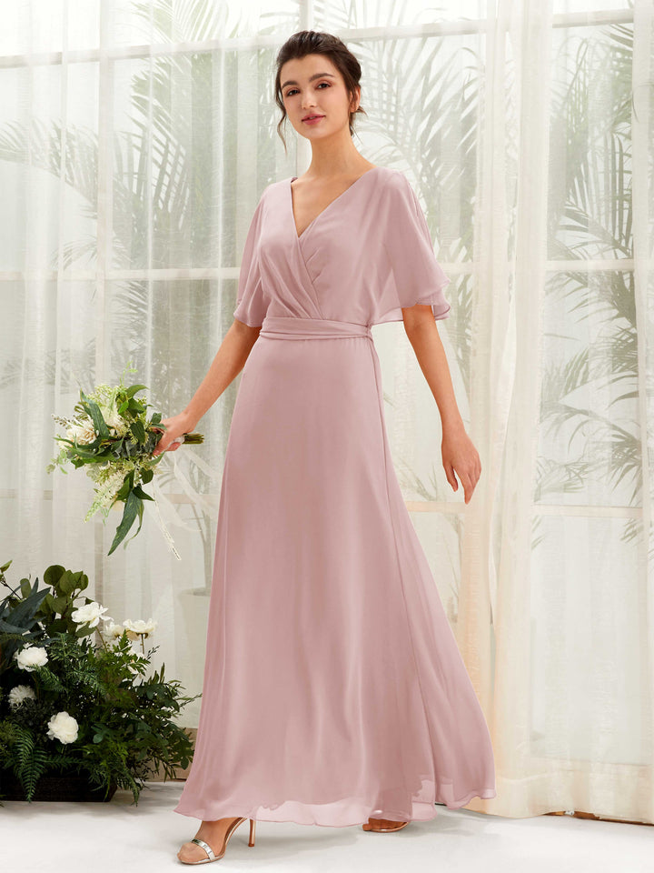 V-neck Short Sleeves Chiffon Bridesmaid Dress - Dusty Rose (81222409)