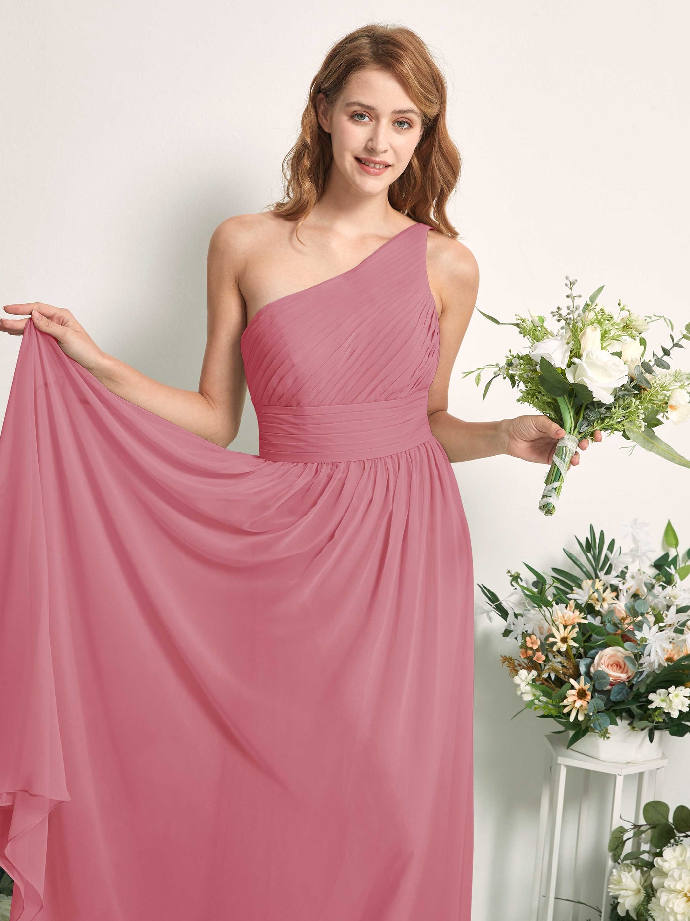 Bridesmaid Dress A-line Chiffon One Shoulder Full Length Sleeveless Wedding Party Dress - Desert Rose (81226711)#color_desert-rose