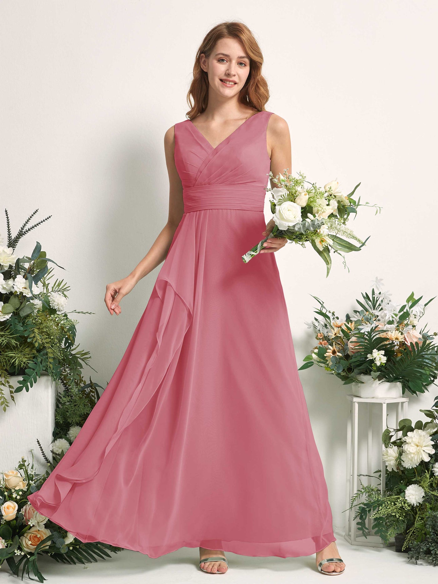 Carlyna Mollie A-Line Desert Rose Bridesmaid Dress Maxi Sleeveless V-Neck Dress #color_desert-rose