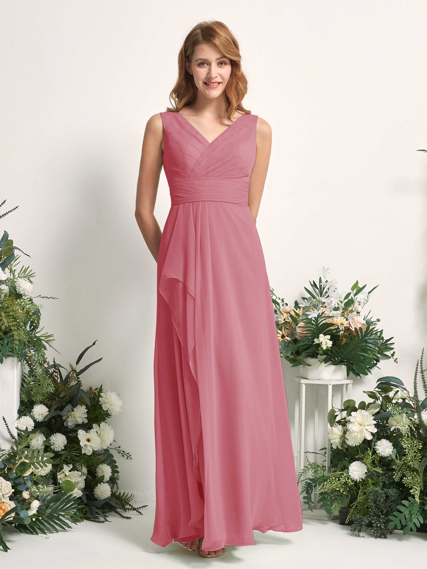 Carlyna Mollie A-Line Desert Rose Bridesmaid Dress Maxi Sleeveless V-Neck Dress #color_desert-rose