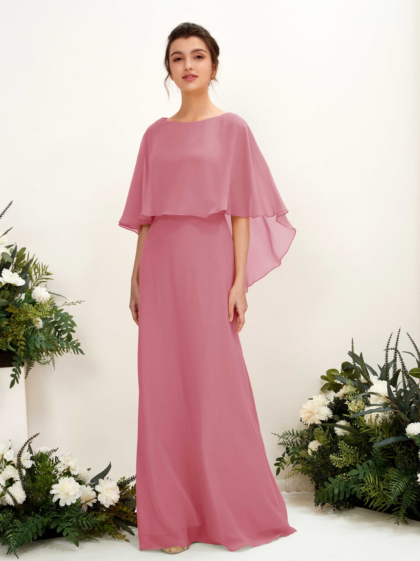 Carlyna Savin Sheath Desert Rose Bridesmaid Dress Maxi Cap Sleeve Boat Neck Dress #color_desert-rose