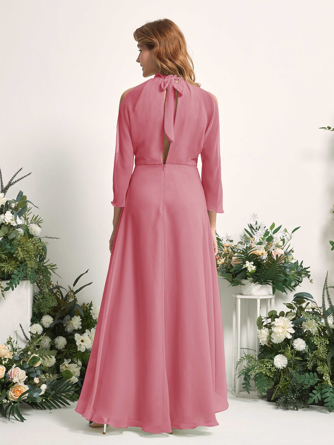 Bridesmaid Dress A-line Chiffon Halter High Low 3/4 Sleeves Wedding Party Dress - Desert Rose (81227611)#color_desert-rose