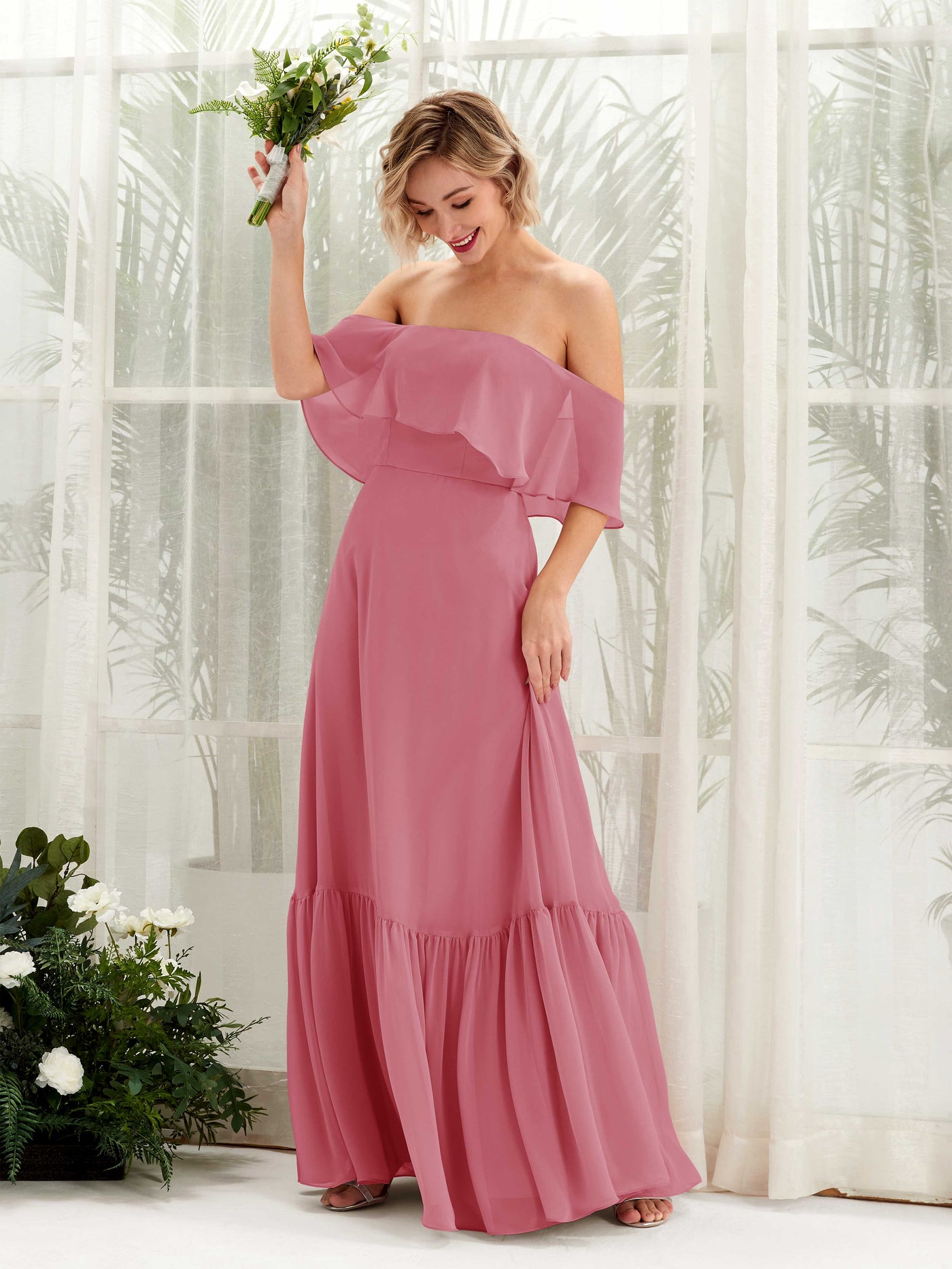 Carlyna Joie A-Line Desert Rose Bridesmaid Dress Maxi Sleeveless Off the Shoulder Dress #color_desert-rose