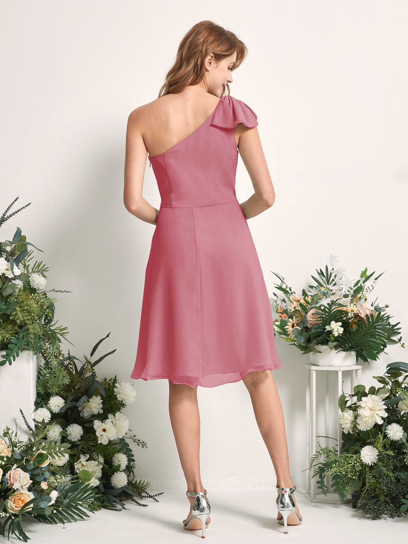 Carlyna Brenda A-Line Desert Rose Bridesmaid Dress Knee-Length Sleeveless One Shoulder Dress #color_desert-rose