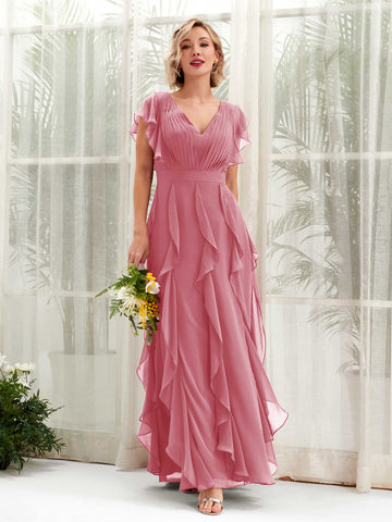 Carlyna Cynthia A-Line Desert Rose Bridesmaid Dress Maxi Cap Sleeve V-Neck Dress #color_desert-rose