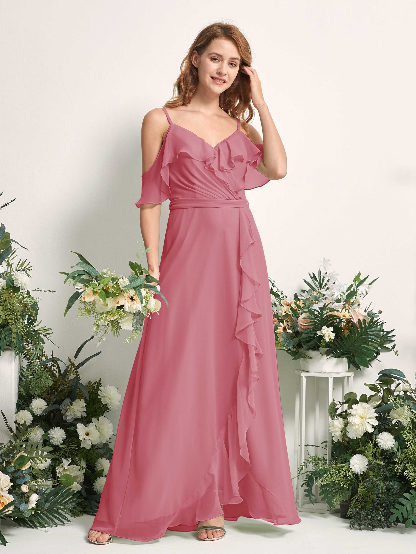 Carlyna Yvette A-Line Desert Rose Bridesmaid Dress Maxi Sleeveless V-Neck Dress #color_desert-rose