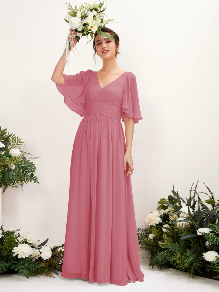 Carlyna Odette A-Line Desert Rose Bridesmaid Dress Maxi Short Sleeve V-Neck Dress 