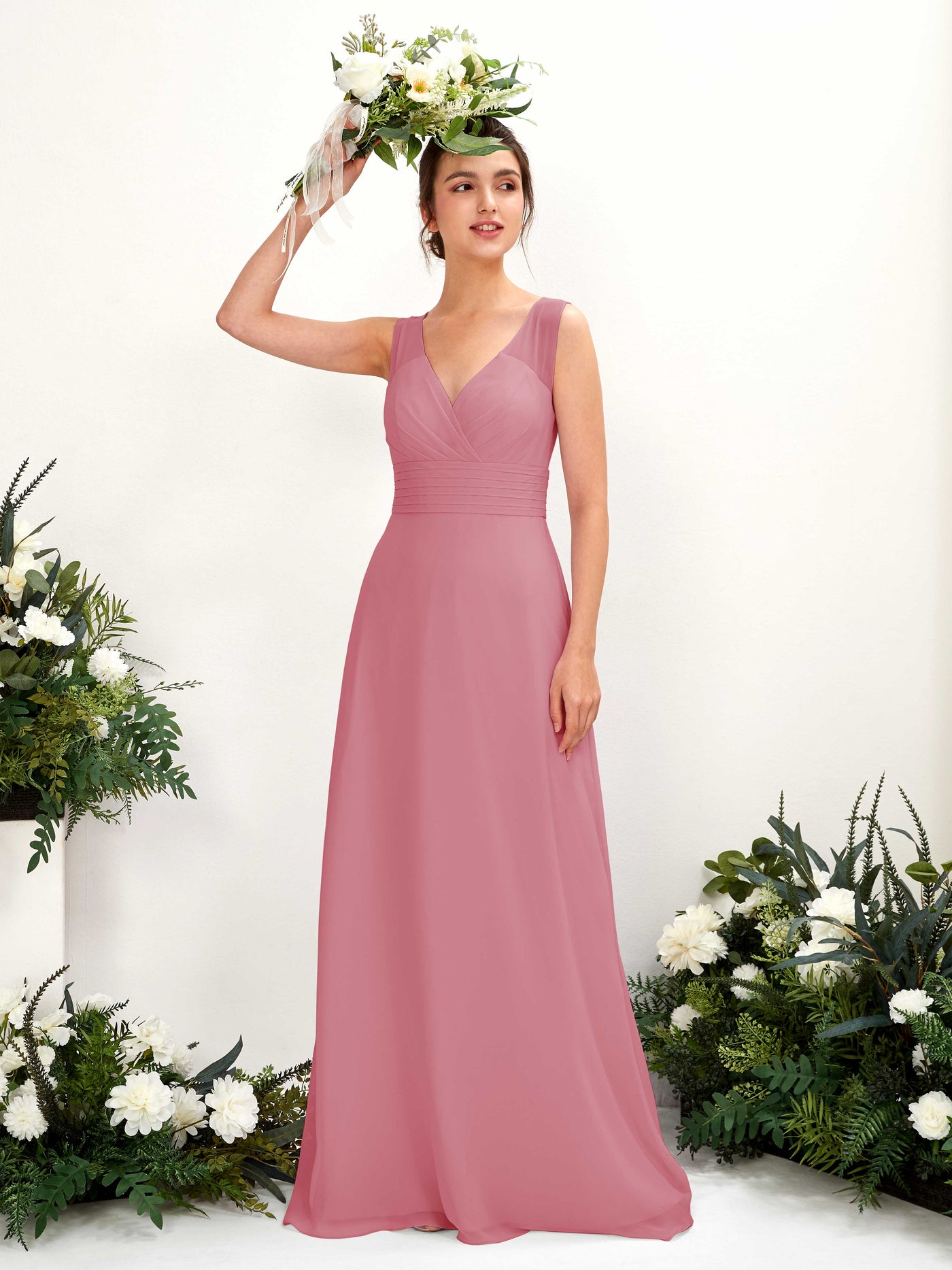 Carlyna Karen A-Line Desert Rose Bridesmaid Dress Maxi Sleeveless V-Neck Dress #color_desert-rose