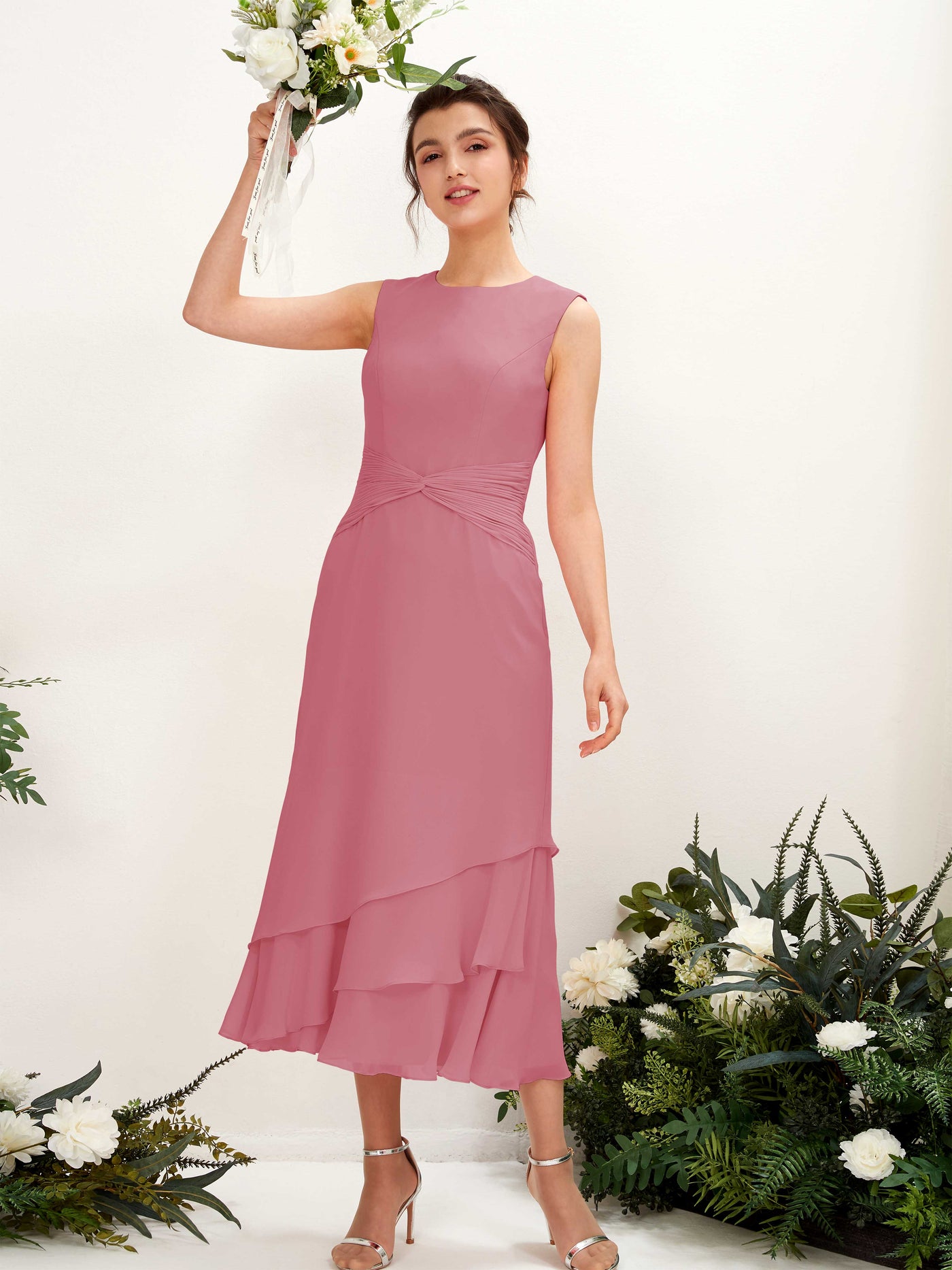 Mermaid/Trumpet Round Sleeveless Chiffon Bridesmaid Dress - Desert Rose (81221911)#color_desert-rose