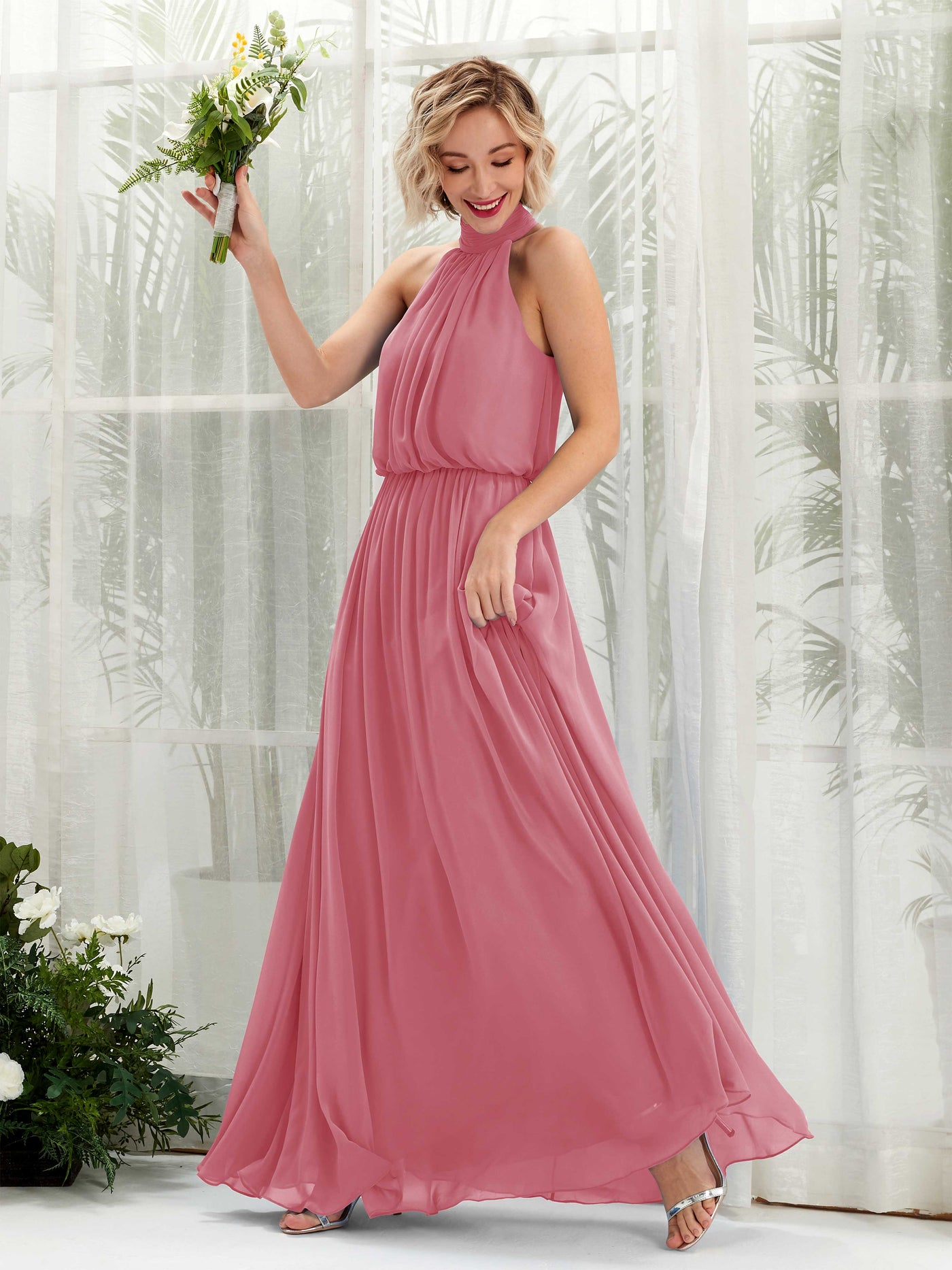 Halter Sleeveless Chiffon Bridesmaid Dress - Desert Rose (81222911)#color_desert-rose