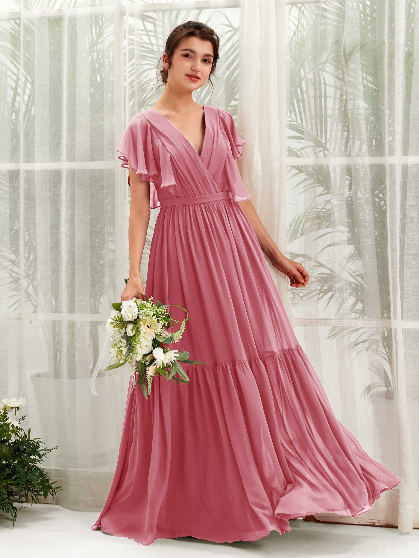 V-neck Cap Sleeves Chiffon Bridesmaid Dress - Desert Rose (81225911)#color_desert-rose