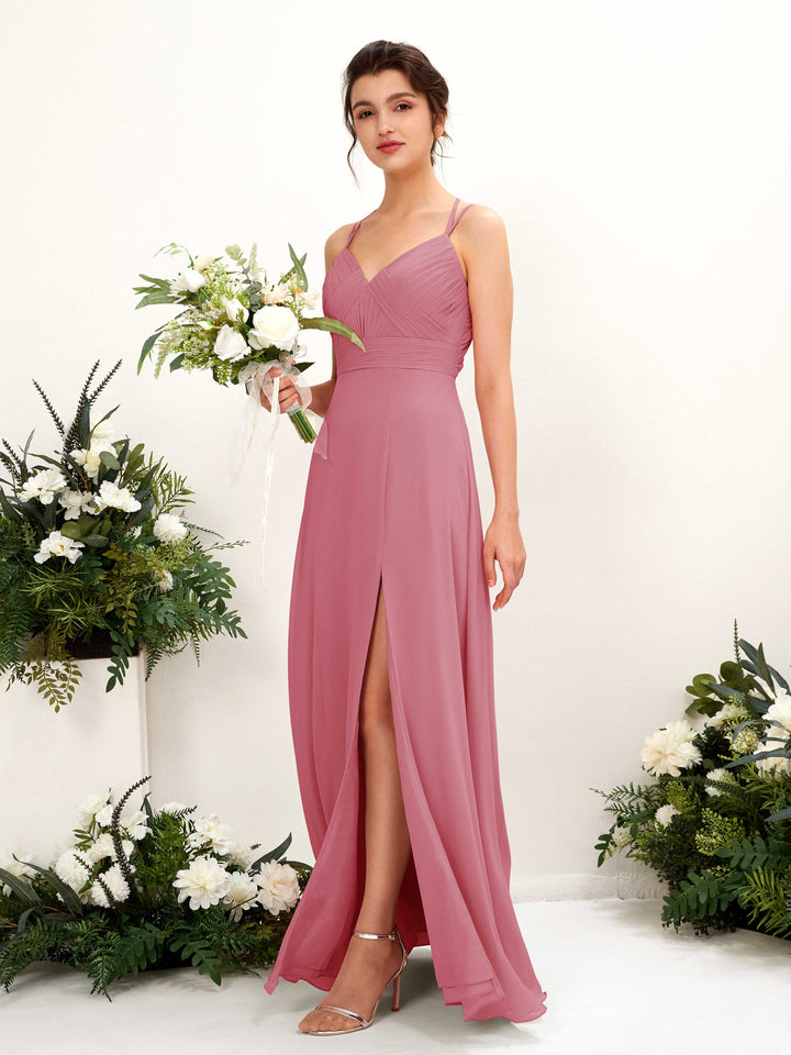 Straps V-neck Sleeveless Chiffon Bridesmaid Dress - Desert Rose (81225411)