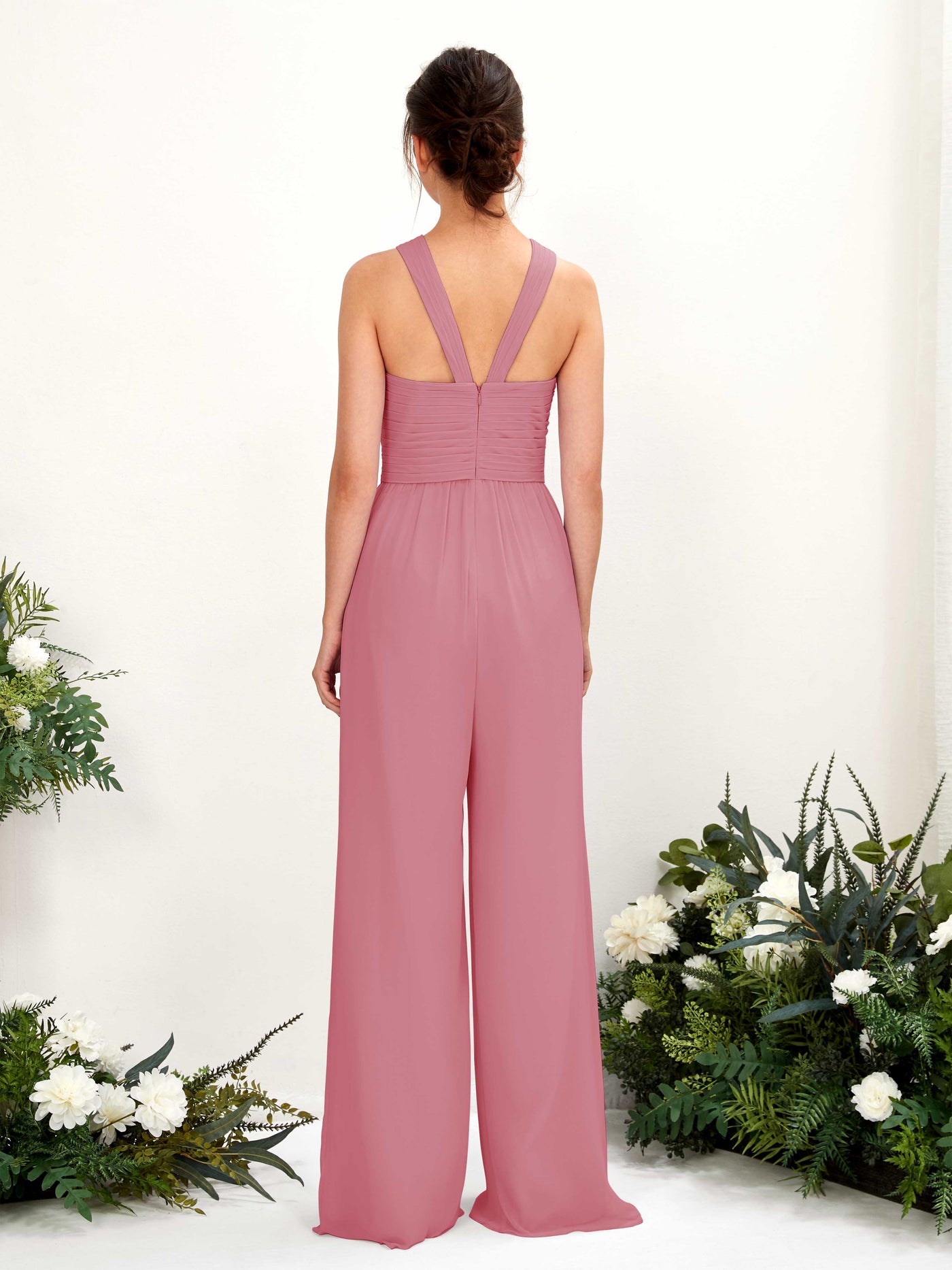 V-neck Sleeveless Chiffon Bridesmaid Dress Wide-Leg Jumpsuit - Desert Rose (81220711)#color_desert-rose