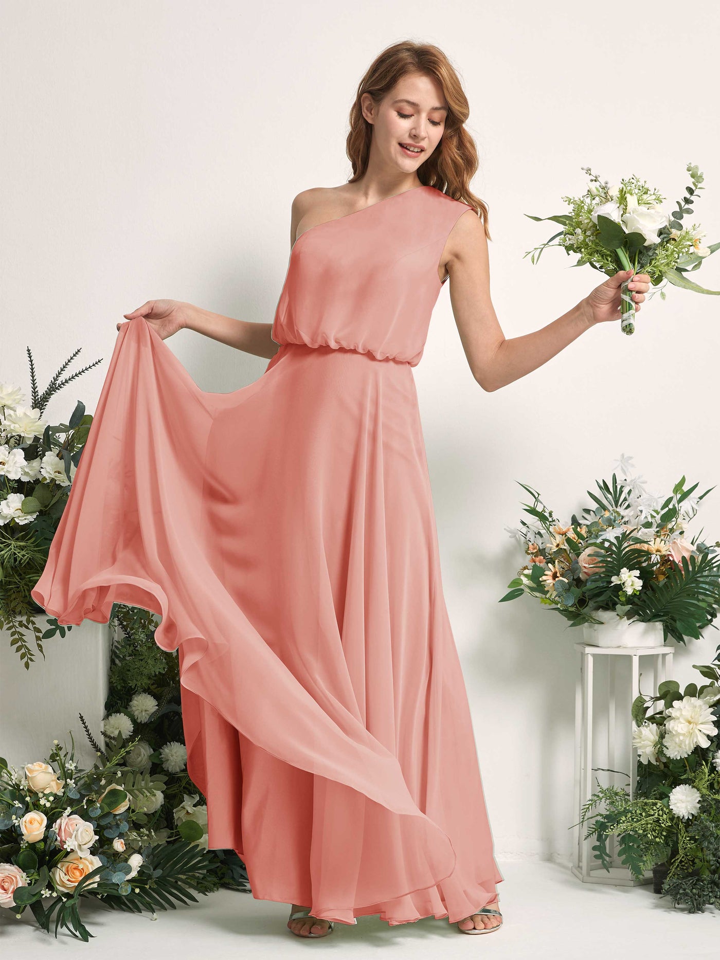 Bridesmaid Dress A-line Chiffon One Shoulder Full Length Sleeveless Wedding Party Dress - Champagne Rose (81226806)#color_champagne-rose