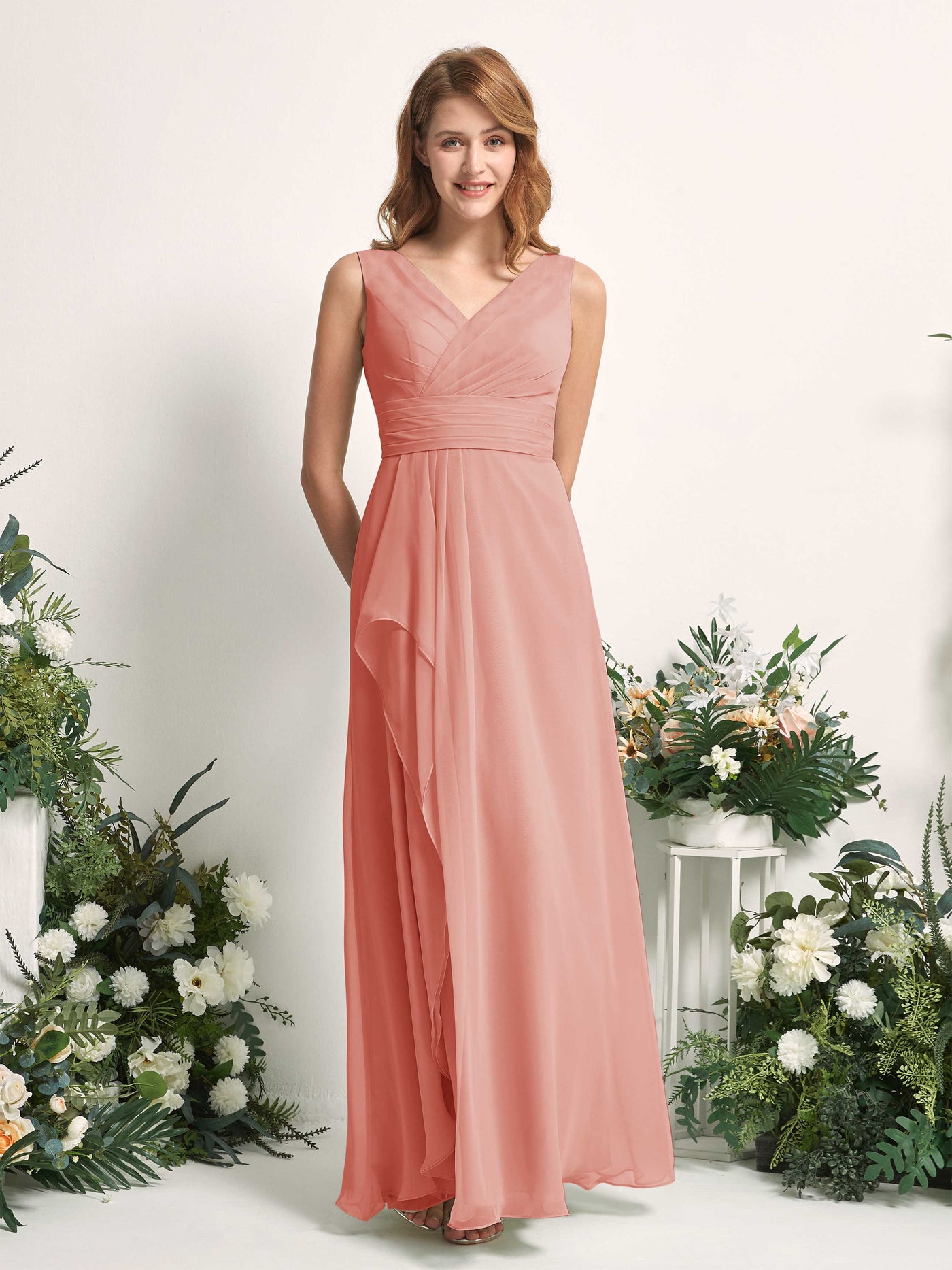 Carlyna Mollie A-Line Champagne Rose Bridesmaid Dress Maxi Sleeveless V-Neck Dress #color_champagne-rose