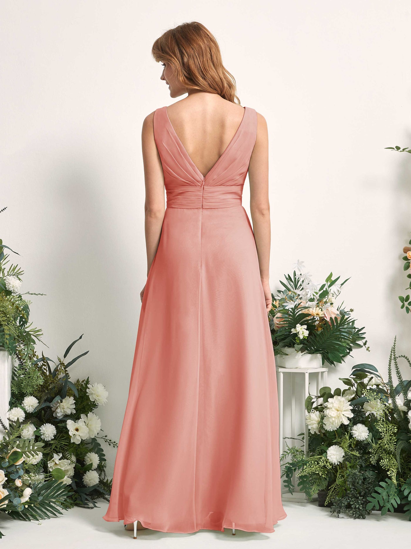 Bridesmaid Dress A-line Chiffon V-neck Full Length Sleeveless Wedding Party Dress - Champagne Rose (81227106)#color_champagne-rose