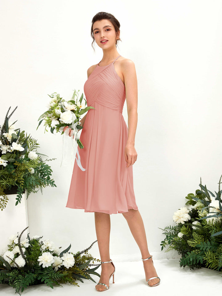 A-line Halter Sleeveless Chiffon Bridesmaid Dress - Champagne Rose (81220406)